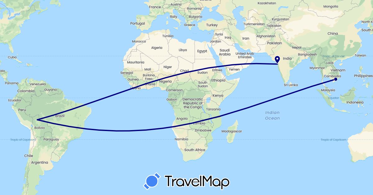 TravelMap itinerary: driving in Bolivia, India, Vietnam (Asia, South America)